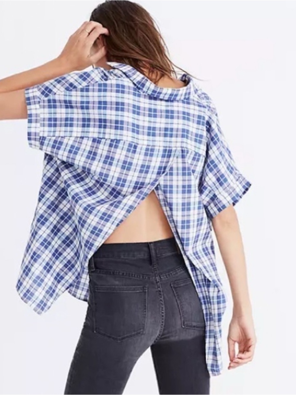 Madewell womens Central Open Back Button Down Shirt in Linus Plaid blue size M